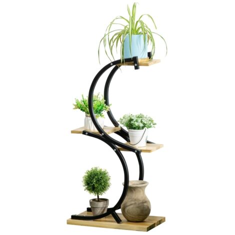 Étagère à plantes en forme de S, 4 niveaux, support pour plantes avec armature métallique et bois massif noir 46x25x91cm pour jardin & balcon