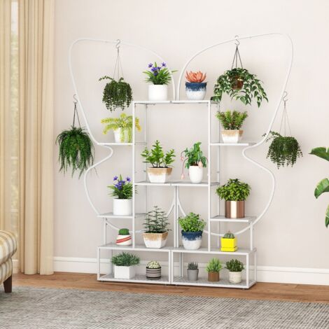 Étagère à Plantes en Métal à 6 Niveaux 185CM Support de Fleur avec 12 Tablettes Métalliques & 4 Crochets Étagère d'Exposition Blanc