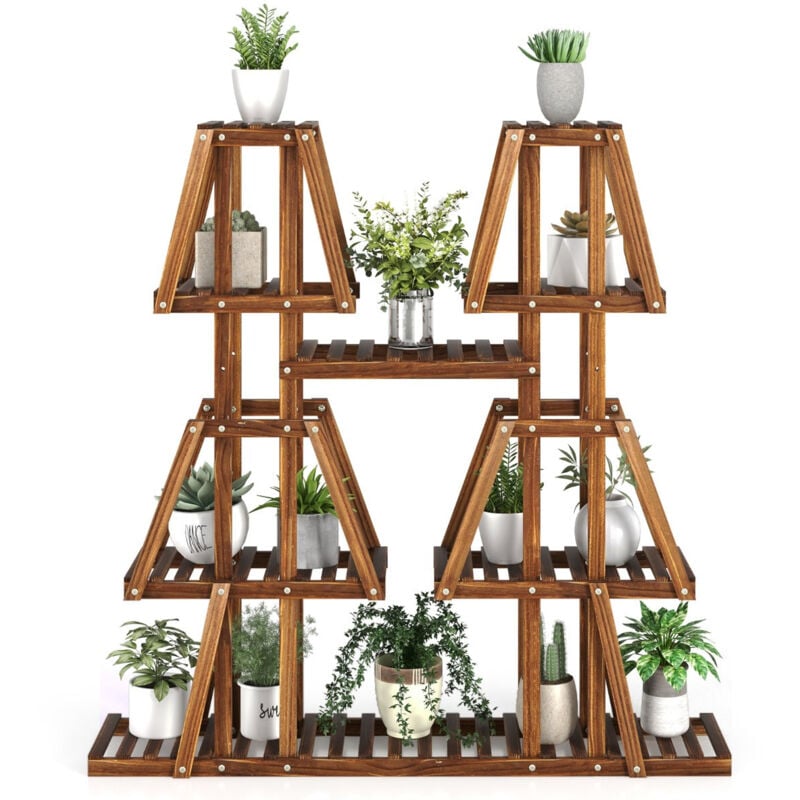 Tagère à plantes fleurs en bois de pin carbonisé porte-plante 5 niveaux conception à lattes intérieur extérieur