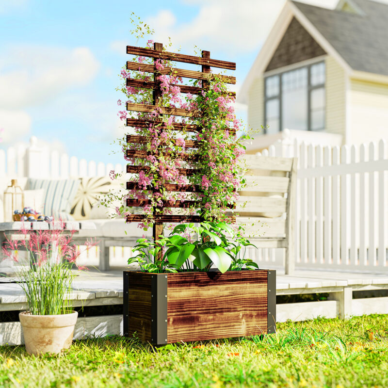 Étagère à plantes Jardinière avec treillis bac à fleurs avec film géotextile et roulettes 65 x 31 x 147 cm bois sapin pré-huilé