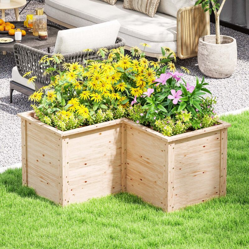 Étagère à plantes Jardinière en forme de L, lit surélevé de jardin, bac à fleurs à fond ouvert, en bois 120 x 120 x 62 cm, bois naturel