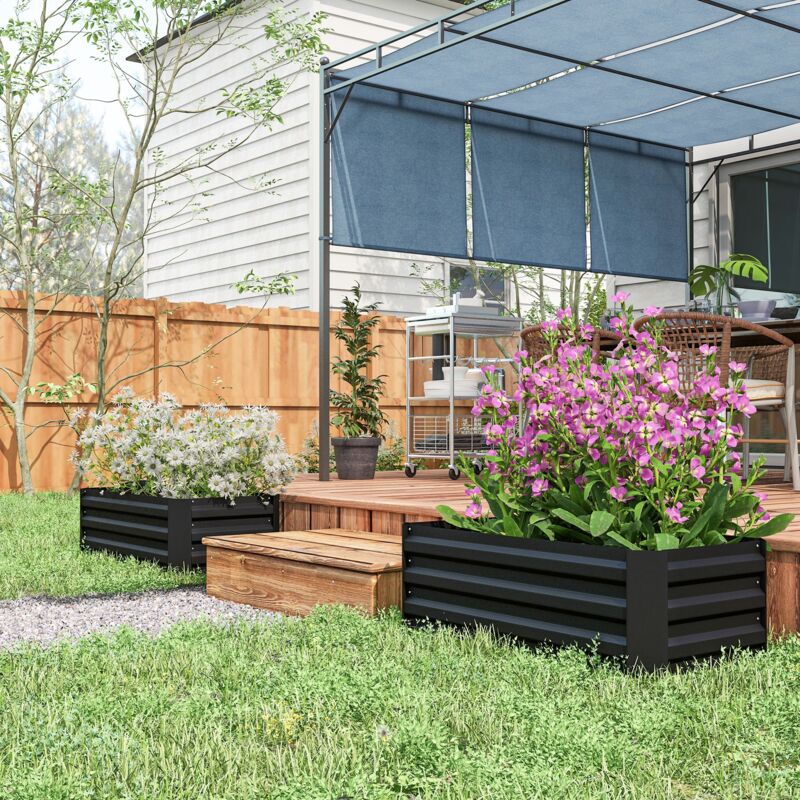 Étagère à plantes Lot de 2 carré potager de jardin dim. 100L x 50l x 30H cm - tôle d'acier ondulée noir