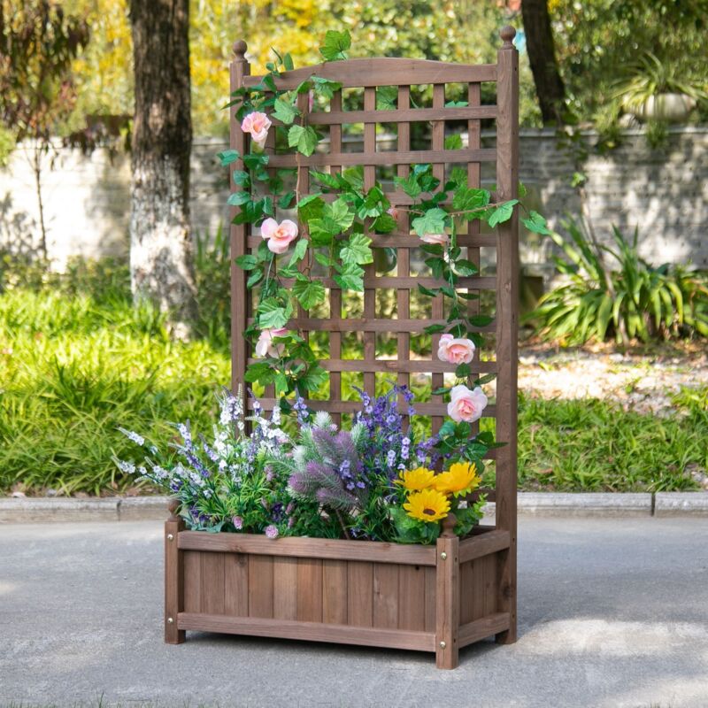 Étagère à plantes Outsunny Jardinière avec Treillis - bac à Fleurs - jardinière sur Pied - dim. 64L x 28l x 120H cm Inserts d'irrigation Inclus Bois
