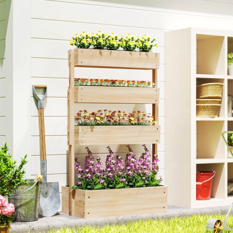 Étagère à plantes Outsunny Jardinière surélevée en bois avec 4 étages, escalier de fleurs avec doublure, trous de drainage bois naturel