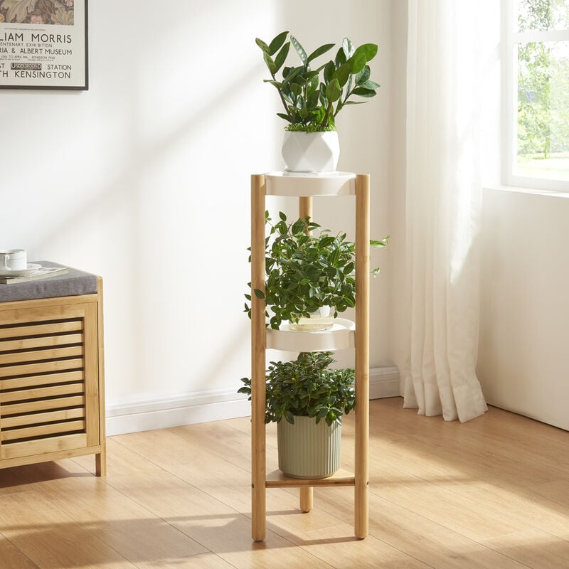 Tagère à plantes Sastamala à 3 niveaux bambou 78 x 25 x 25 cm naturel blanc [en.casa]