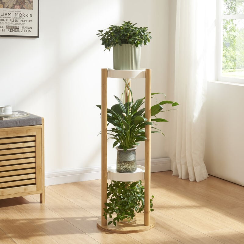 Tagère à plantes Sastamala à 3 niveaux bambou 80 x 31 x 31 cm naturel blanc [en.casa]
