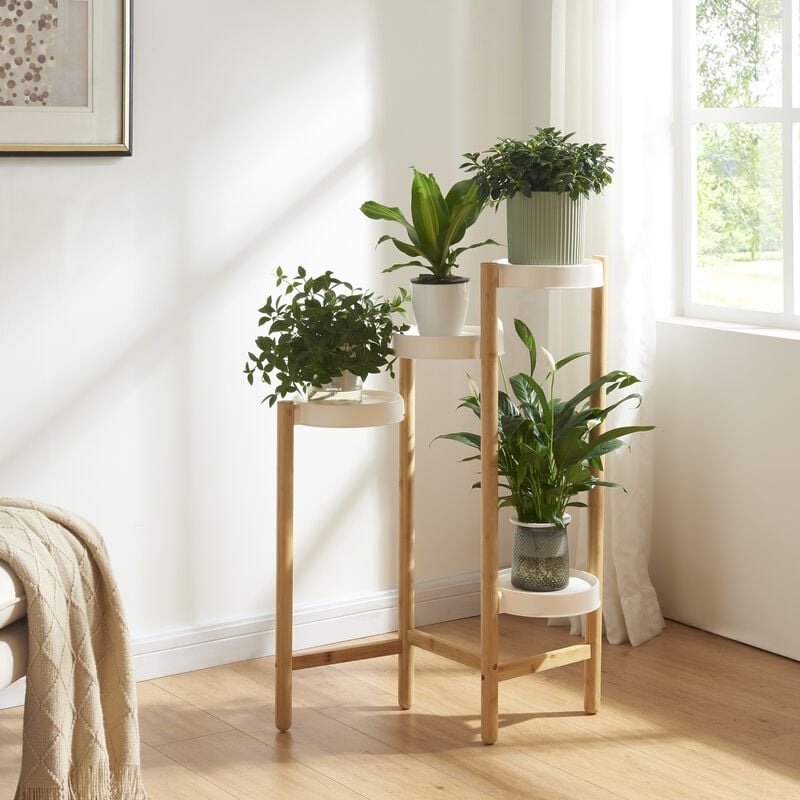 Tagère à plantes Sastamala à 4 niveaux bambou plastique 85 x 58 x 25 cm naturel blanc