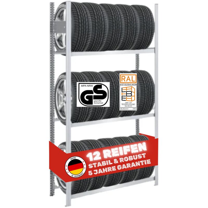 Étagère à pneus TIRE PRO Made in Germany HxLxP 200x100x43cm 3 niveaux 30kg par niveau Jusqu'à 5 pneus par niveau Galvanisé - Verzinkt