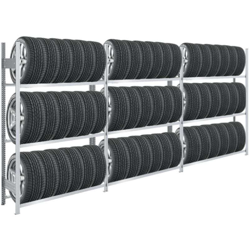 Tagère à pneus tire pro Made in Germany HxLxP 200x390x43cm 3 niveaux 30kg par niveau Jusqu'à 18 pneus par niveau Galvanisé - Verzinkt