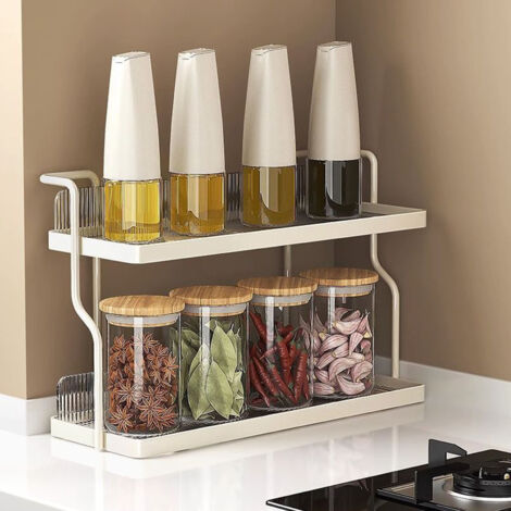 Étagère à Poser 2 Étagères Multifonction Organisateur pour Cuisine Chambre Salle de Bain Sous Évier Blanc Crème Carbone 30.5x20.3x12.2cm avec 2 Adhésifs