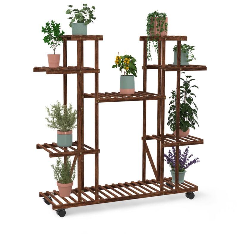 Etagère à pots de fleurs porte plante en bois 8 niveaux à roulettes