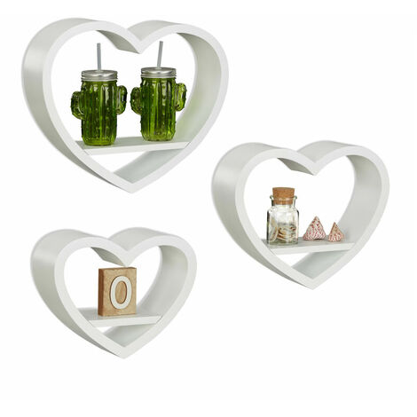 Étagère à suspendre lot de 3 cœurs flottants support mural meuble rangement bois MDF 6 kg charge, blanc