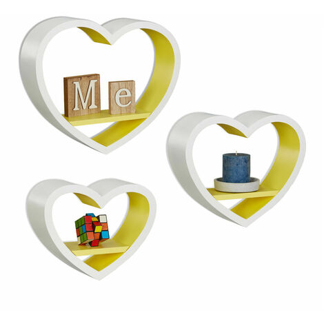 Étagère à suspendre lot de 3 cœurs flottants support mural meuble rangement bois MDF 6 kg charge, blanc jaune
