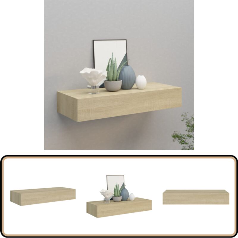 Tagère à tiroir murale chêne 60x23,5x10 cm mdf - Étagère Murale - Étagère à Tiroir - Rangement Mural - Meuble Déco - Bibliothèque Murale