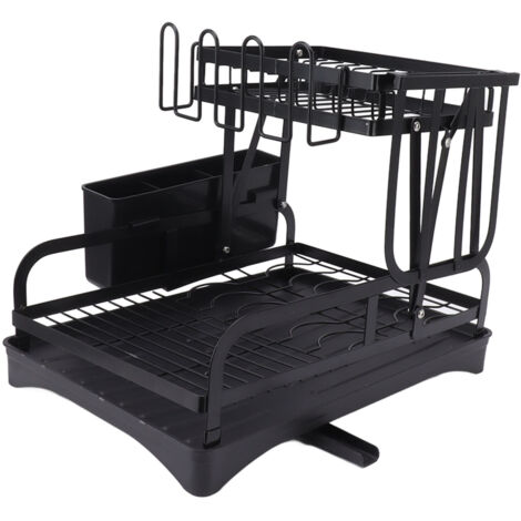 Étagère à Vaisselle Pliable Double Étage Multifonction avec Égouttoir pour Plan de Travail Cuisine Noir