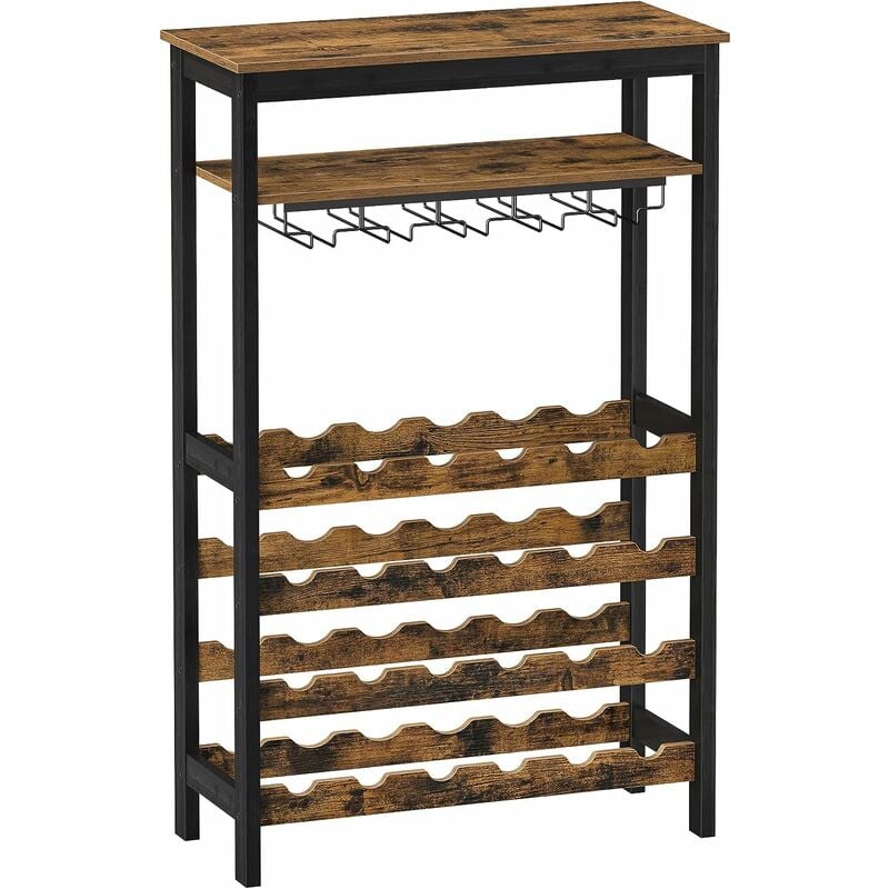 Étagère à Vin 24 Bouteilles - Meuble Rangement avec 5 Rangées Porte-Verres, pour Cuisine, Bar, Salle à Manger, Marron Rustique et Noir