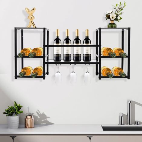 Étagère à vin murale industrielle, Noir, Porte-bouteille en métal, Multi fonctionnel, Stockage de Bouteilles de Casier à vin à 3 niveaux Pour la maison, le dîner, la salle de cuisine