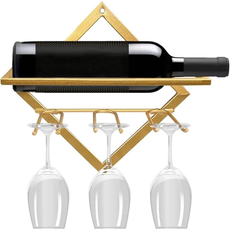 Aougo - tagère à vin murale pliable en métal avec 3 supports pour verres à pied(doré)