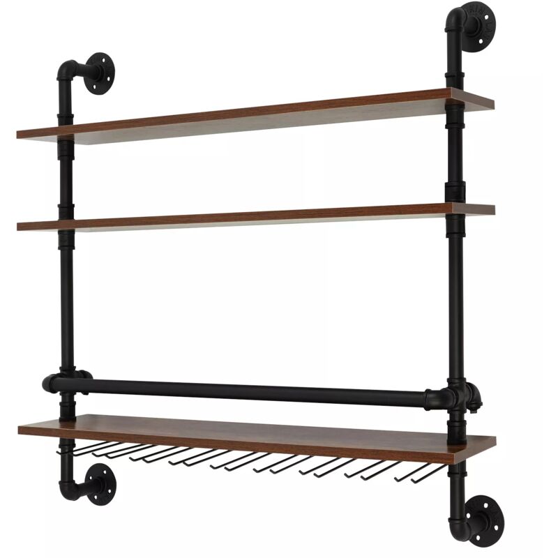 Étagère à vin, style industriel - Murale - Vintage - Pour bouteille de vin - Avec support en verre - Pour cuisine, salle à manger, bar - 92 x 20 x 89