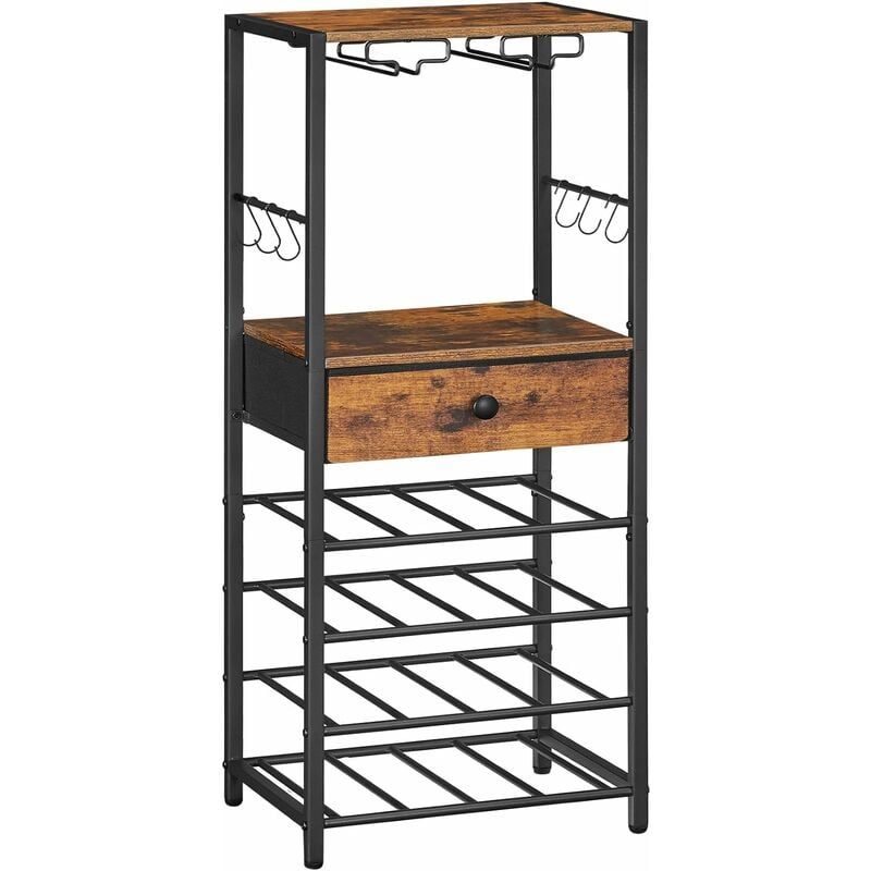 Étagère à Vin sur Table, Étagėre de Rangement 6 Niveaux avec Tiroir, Étagėre de Bar pour 16 Bouteilles, avec Porte-Verres et Porte-Bouteilles, et