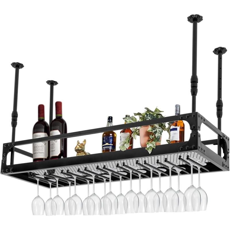Gojoy - tagère à vin suspendue de 100 cm et support de verre à vin, montage au plafond, étagère à vin, porte-bouteille de vin réglable en hauteur,