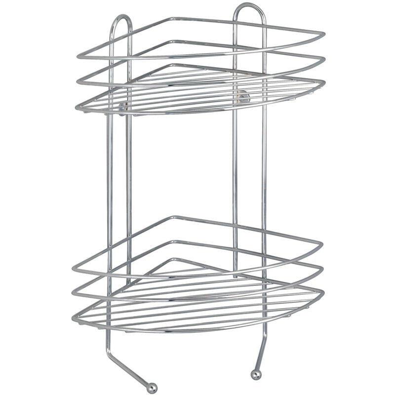 Etagère d'angle Salle de Bains à 2 Niveaux Wenko 2 étagères, 2 Crochets, Rangement produits cosmétiques, espace de rangement optimisé, Acier,
