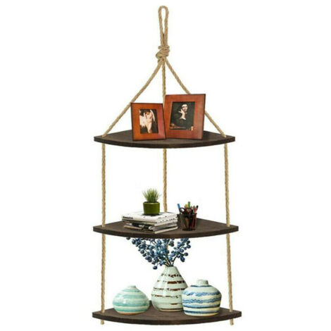 Étagère Angle Murale Étagère Flottante en Bois avec Corde Support Suspendue Rangement 94 cm