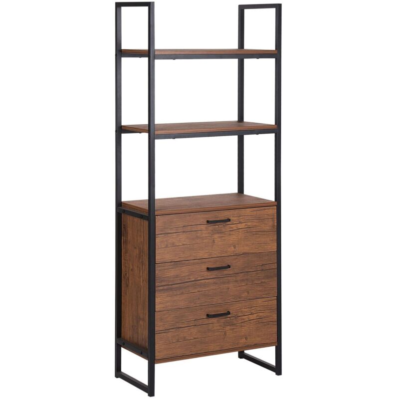 Beliani - Haute Étagère en Acier revêtu de Poudre Peint en Noir et 2 Plateaux en Imitation Bois avec 3 Tiroirs au Style Industriel 158 cm de Hauteur