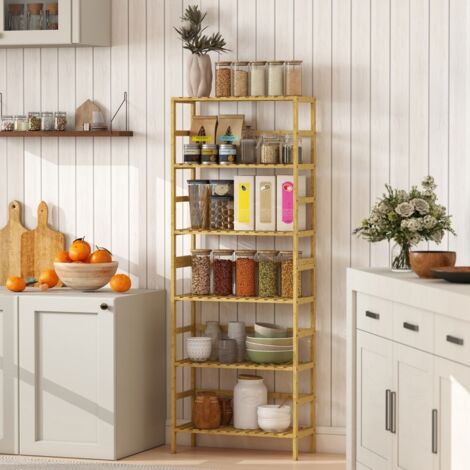 Étagère autoportante en bambou naturel à 6 niveaux, tablettes réglables en hauteur, meuble de rangement écologique et stable, idéal pour salon, chambre et bureau, finition bois naturel