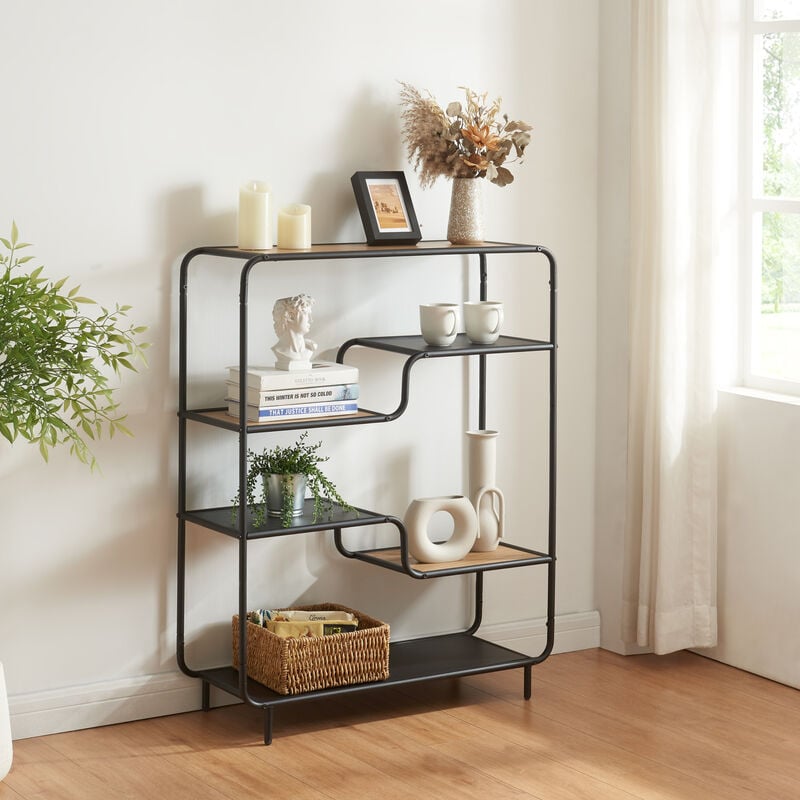 Tagère autoportante Kristiansand à 6 niveaux métal mdf 101 x 80 x 30 cm noir effet chêne [en.casa]