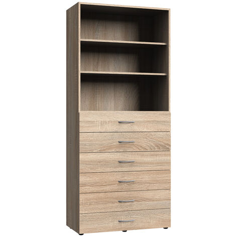 Etagère avec 6 tiroirs et 2 tablettes coloris imitation chêne - longueur 80 x hauteur 185 x profondeur 40 cm