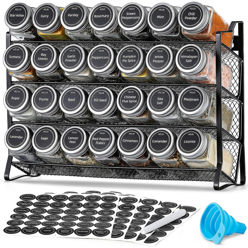 Sinbinta - tagères à Épices à 4 Niveaux, Rangement Épices Cuisine Avec 28 Pots à Épices 180 Étiquettes d'Épices, Marqueur Craie et Ensemble