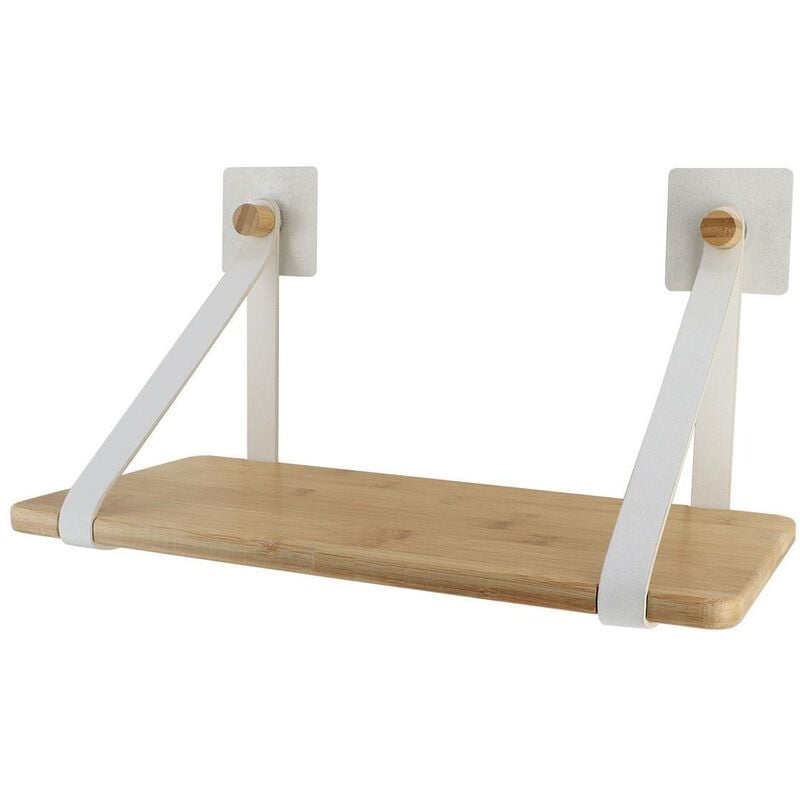 Etagere bambou + lanieres simili cuir sur sticker ou a fixer - blanc bambou Tendance