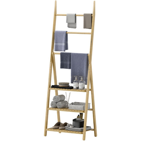 Étagère bambou pliable 3 niveaux porte-serviettes échelle salle de bain 53,5x30x153cm