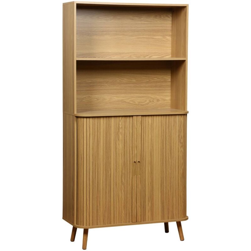 Etagère bibliothèque scandinave. 2 portes coulissantes. 4 niveaux. effet bois rainuré. l 80 x p 45 x h 180cm