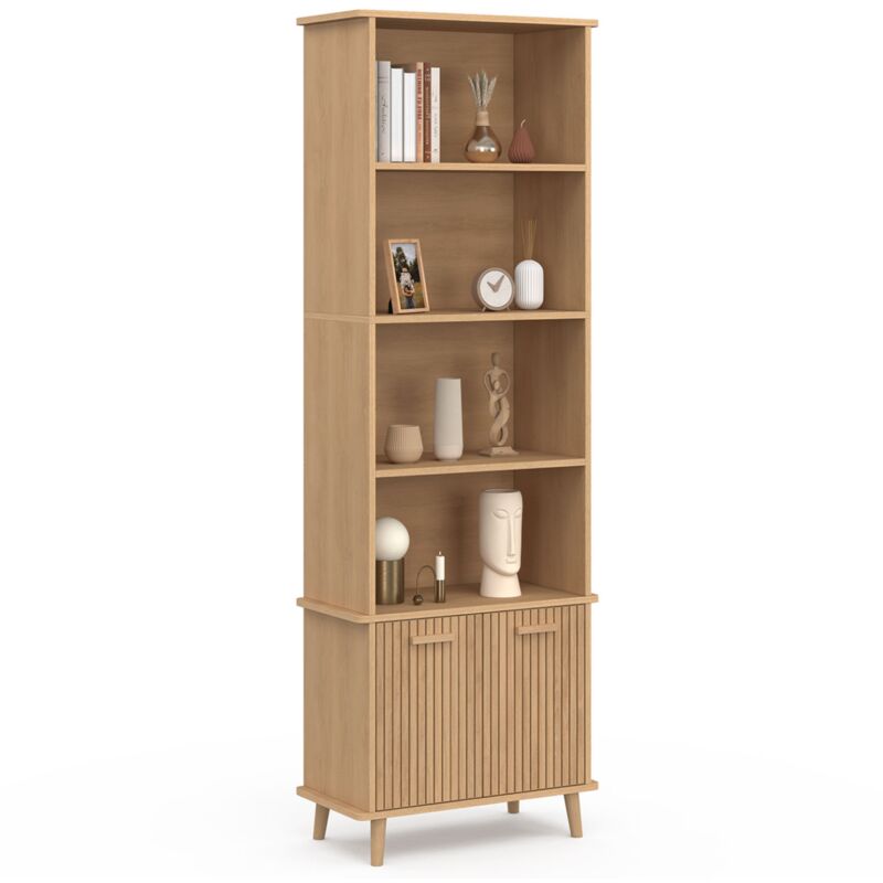 Etagère bibliothèque 4 niveaux avec placard JULIETTE lattes tasseau bois coloris chêne