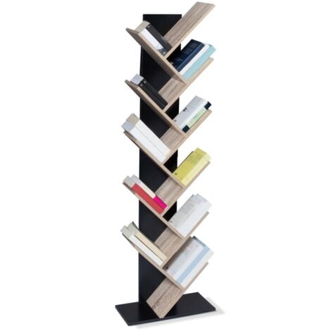 Etagère bibliothèque à livres TEA forme d'arbre 10 niveaux bois noir et étagères façon hêtre