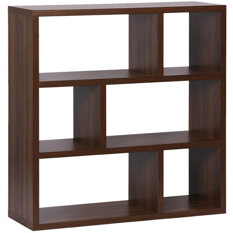 Etagère bibliothèque asymétrique 3 niveaux 6 compartiments. effet bois de noyer. L 111.2 x P 39 x H 115.2cm