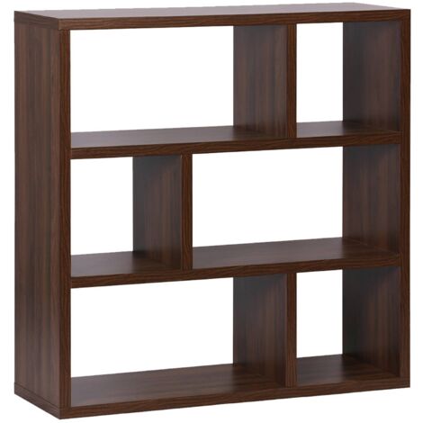 Etagère bibliothèque asymétrique 3 niveaux 6 compartiments. effet bois de noyer. L 111.2 x P 39 x H 115.2cm