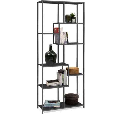 Etagère bibliothèque asymétrique 8 niveaux DAVIS en métal noir mat design industriel 161 cm