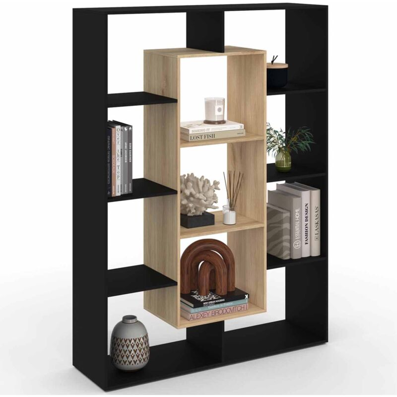 Étagère bibliothèque noire et bois 143 cm 11 compartiments