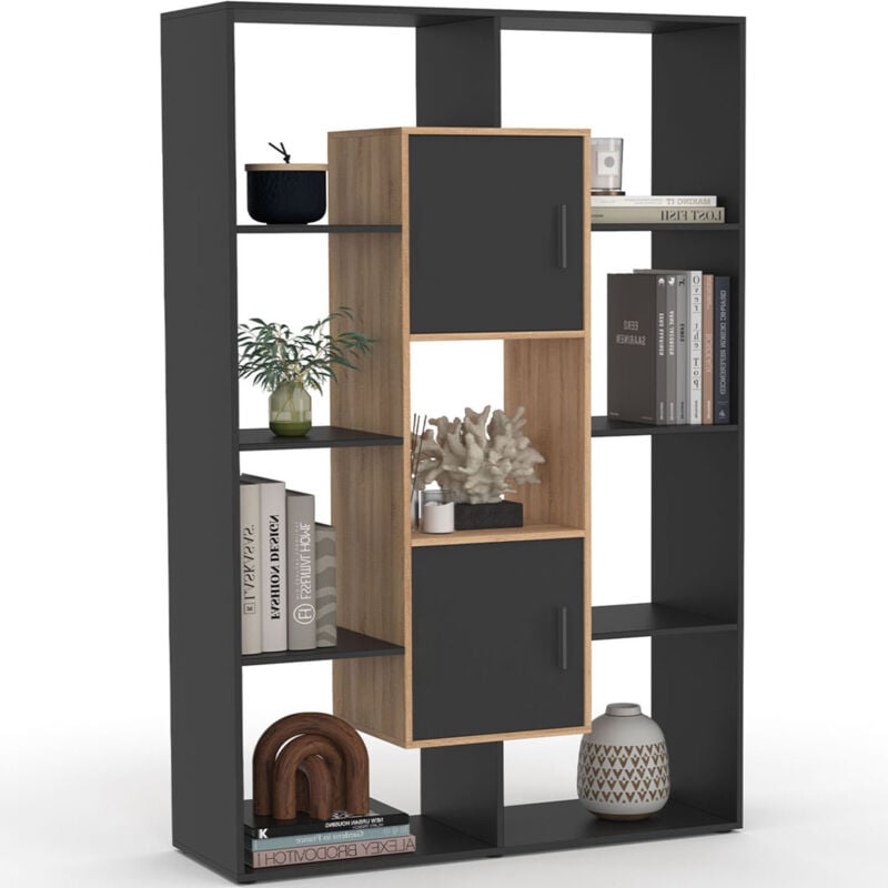 Etagère bibliothèque colette avec 11 compartiments et 2 cases noir et effet bois H.143 cm