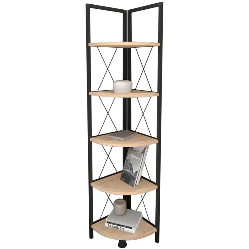 Pegane - Etagère, bibliothèque d'angle avec 5 étagères coloris chêne cambrian, noir - longueur 67 x profondeur 34 x hauteur 160 cm