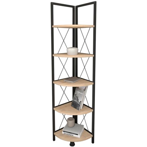 Etagère, bibliothèque d'angle avec 5 étagères coloris chêne cambrian, noir - longueur 67 x profondeur 34 x hauteur 160 cm