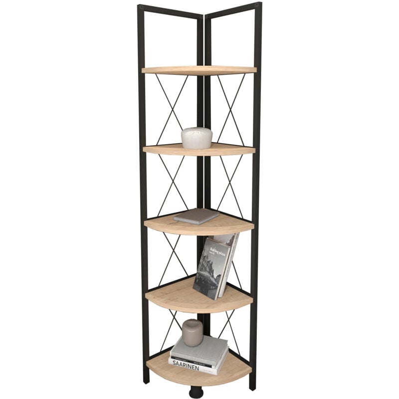 Fijalo - Etagère bibliothèque d'angle en métal. Style industriel. Avec 4 étagères mélaminé chêne Safir. Structure en métal noir. (Hauteur 160