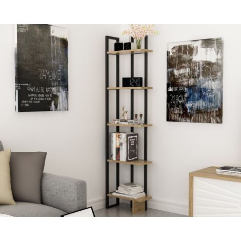 Étagère bibliothèque d'angle Haesitavit 180cm Bois Chêne et Métal Noir