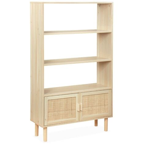 Étagère bibliothèque décor bois et cannage - Camargue - 3 niveaux. 2 portes