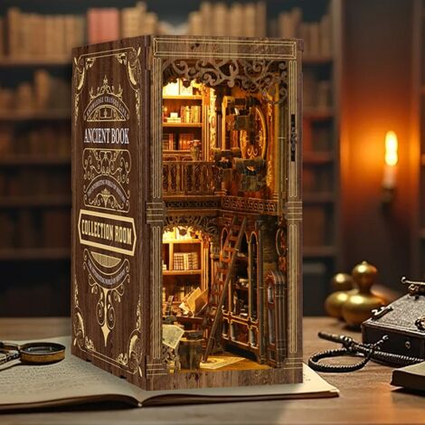 Étagère bibliothèque en bois avec maison miniature 3D, modèle à assembler décoration vintage, cadeau créatif pour amoureux des livres.