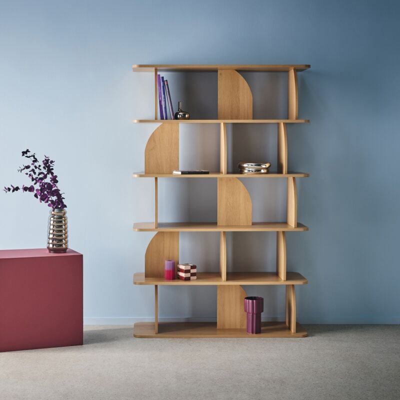 Etagère. bibliothèque exotique décor bois chêne 5 niveaux. séparateurs courbés - Alva