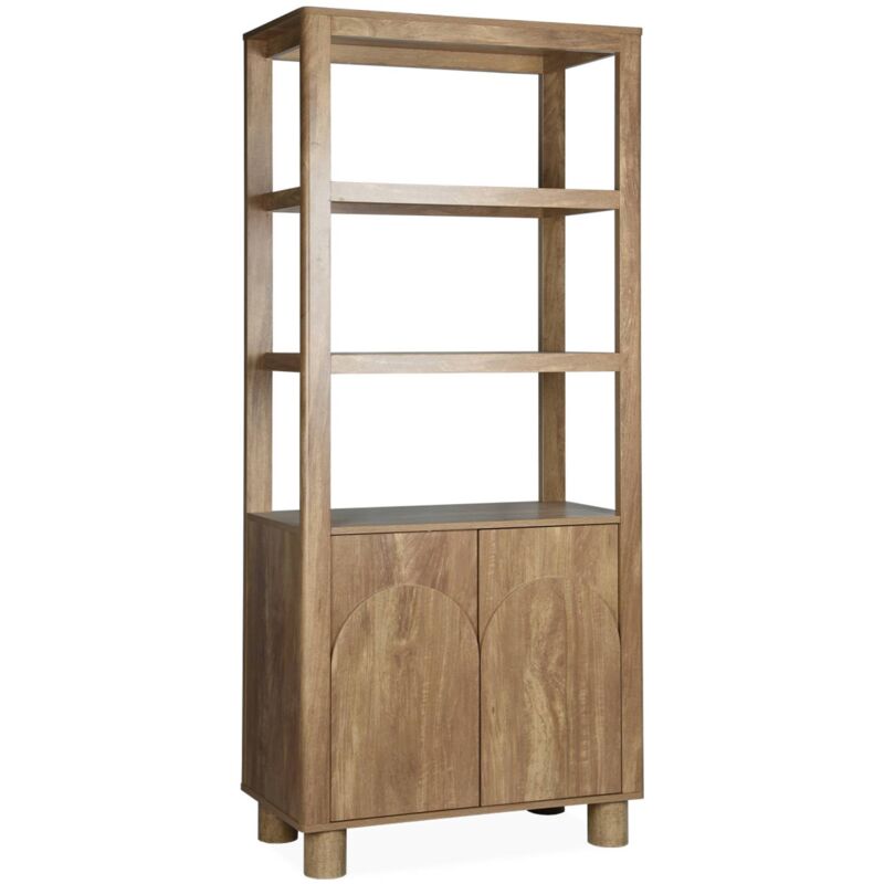 Etagère bibliothèque exotique effet bois de manguier 6 niveaux (4 étagères) et 2 portes